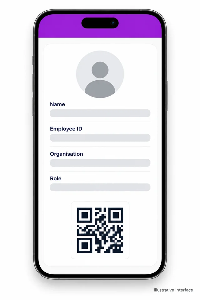 Illustrative Interface of the 1View digital employee ID screen, showing a promoter's photograph, employee details and QR code