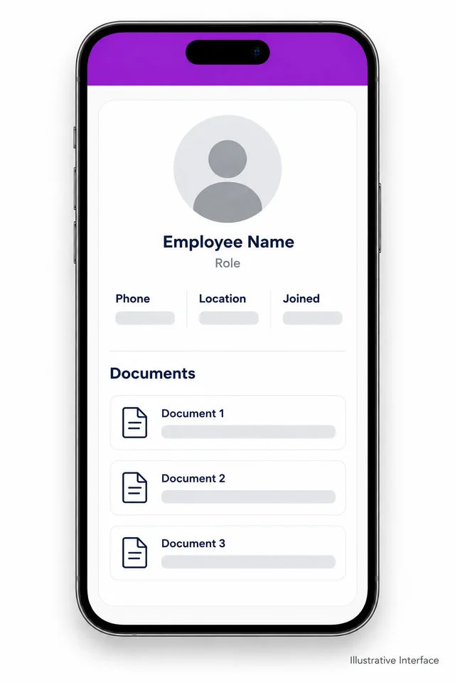 Illustrative Interface of the 1View employee profile screen, showing a photograph, basic employee information and a documents section