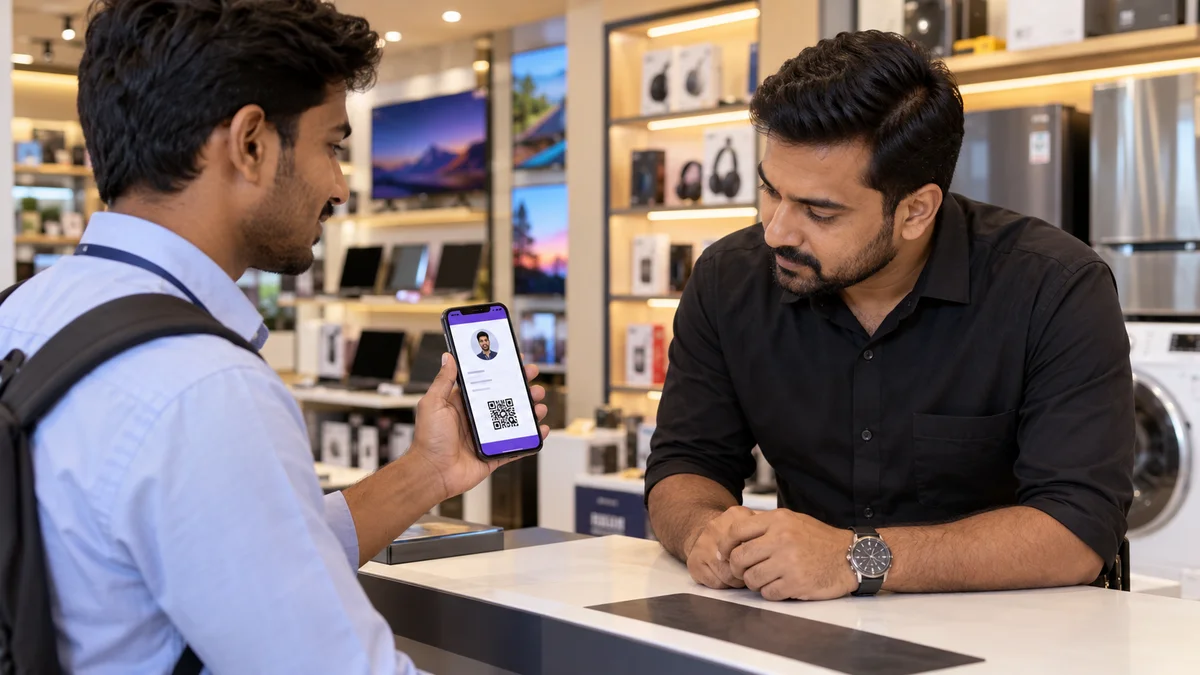 A promoter showing a digital employee ID with photo and QR code on a smartphone to a store manager at an Indian electronics retail counter