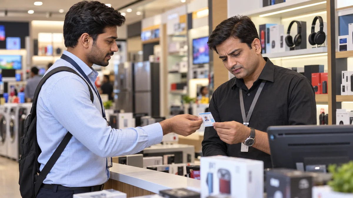 An Indian Retailer Can't Confirm Who Is Authorised, a store manager checking an unfamiliar promoter's employee ID card at a multi-brand electronics counter