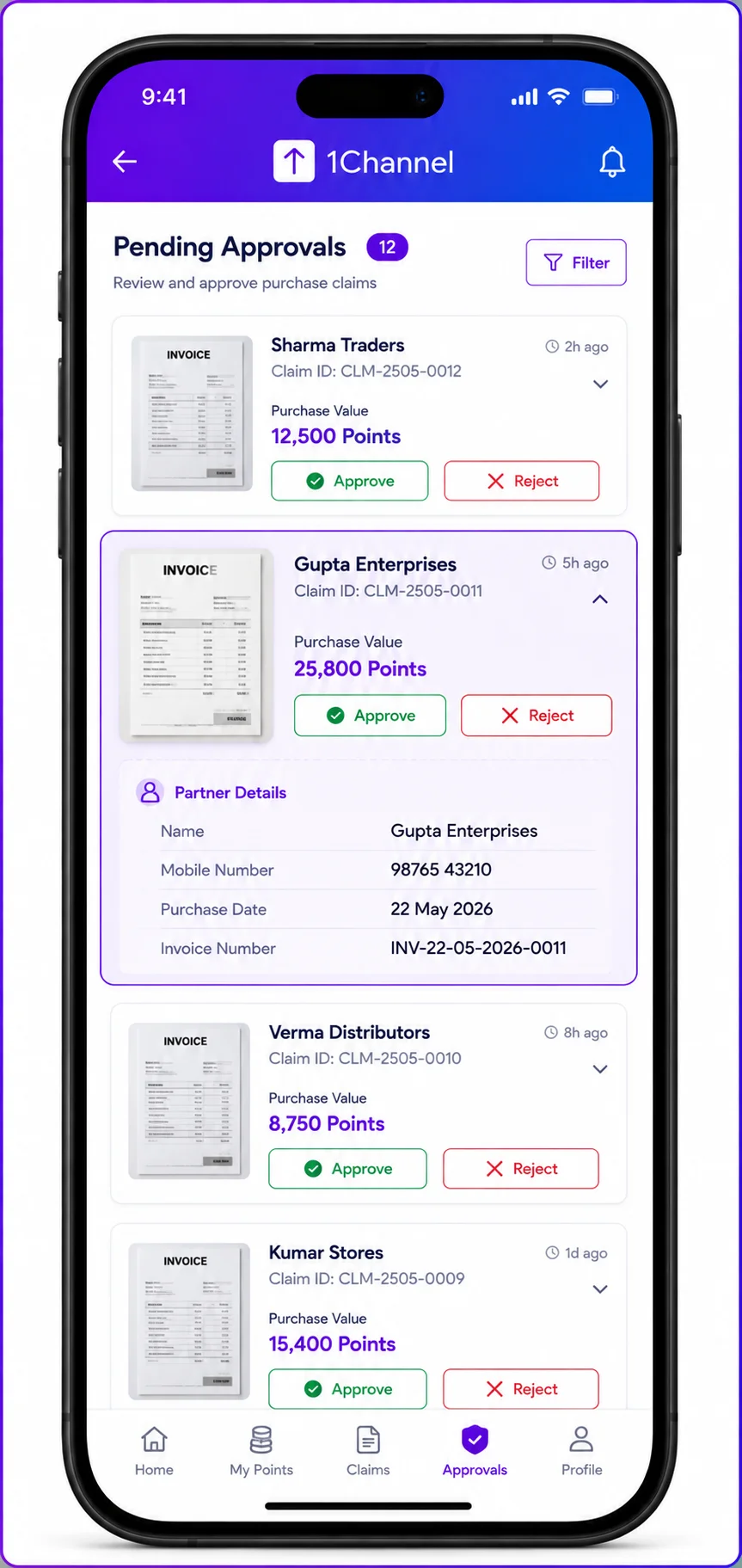 Mobile Pending Approvals queue showing purchase claims awaiting retailer approval, with Approve and Reject actions