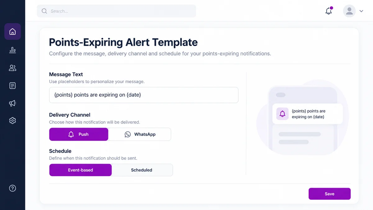 An admin web portal screen for configuring a points-expiring notification template with channel and schedule settings