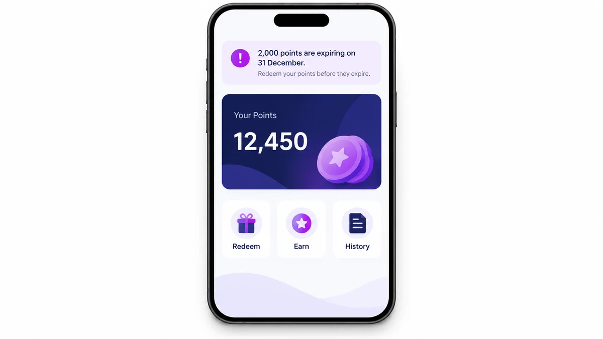 A mobile phone showing a WhatsApp-style points-expiring alert notification for a loyalty program retailer