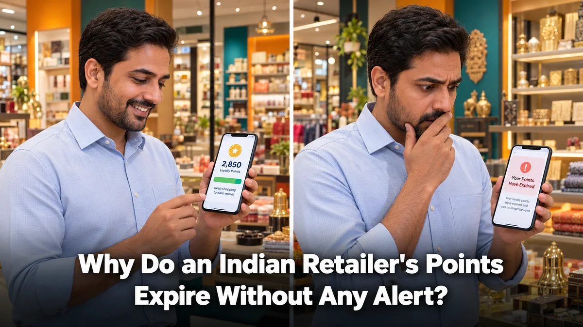 Why Do an Indian Retailer's Points Expire Without Any Alert, a retailer checking a loyalty app first with a full balance then surprised to see points expired