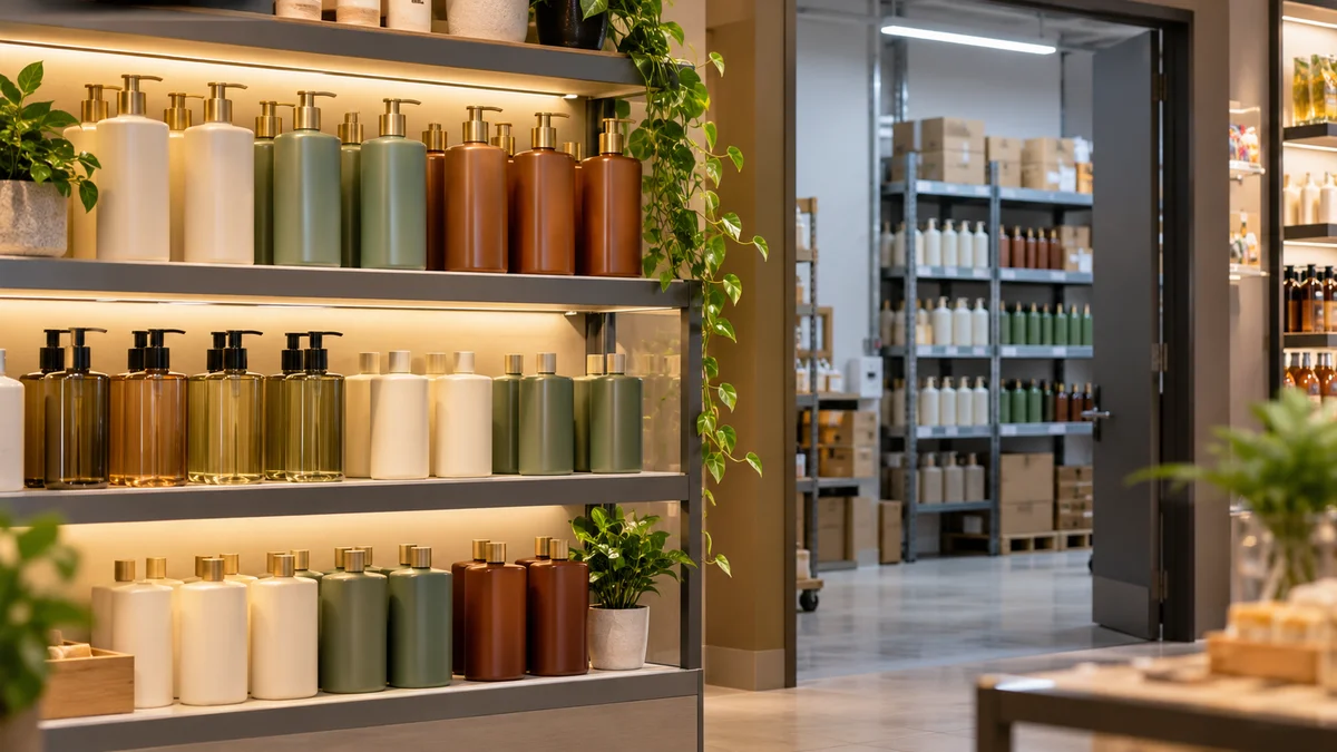 A kirana store shelf showing a few products displayed at the front with additional inventory stored behind the counter
