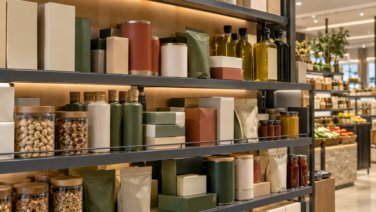 A crowded FMCG retail shelf with products arranged inconsistently and limited display space