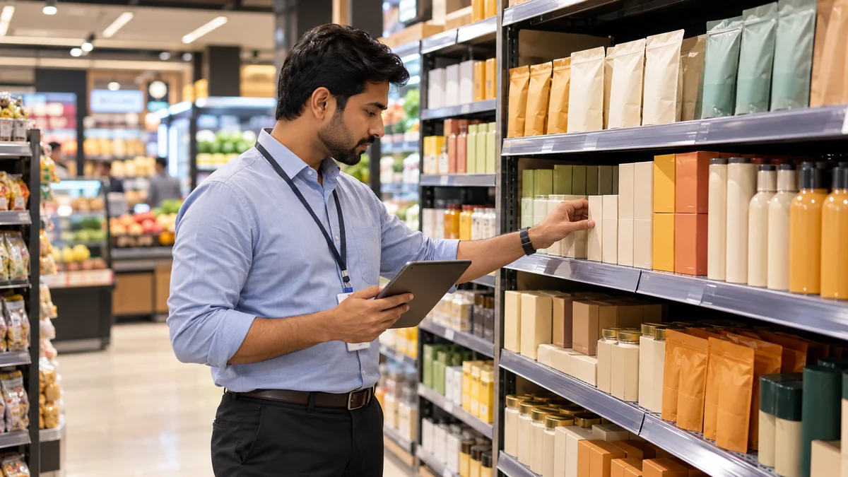 A field merchandiser reviewing product arrangement and stock movement during a retail outlet visit