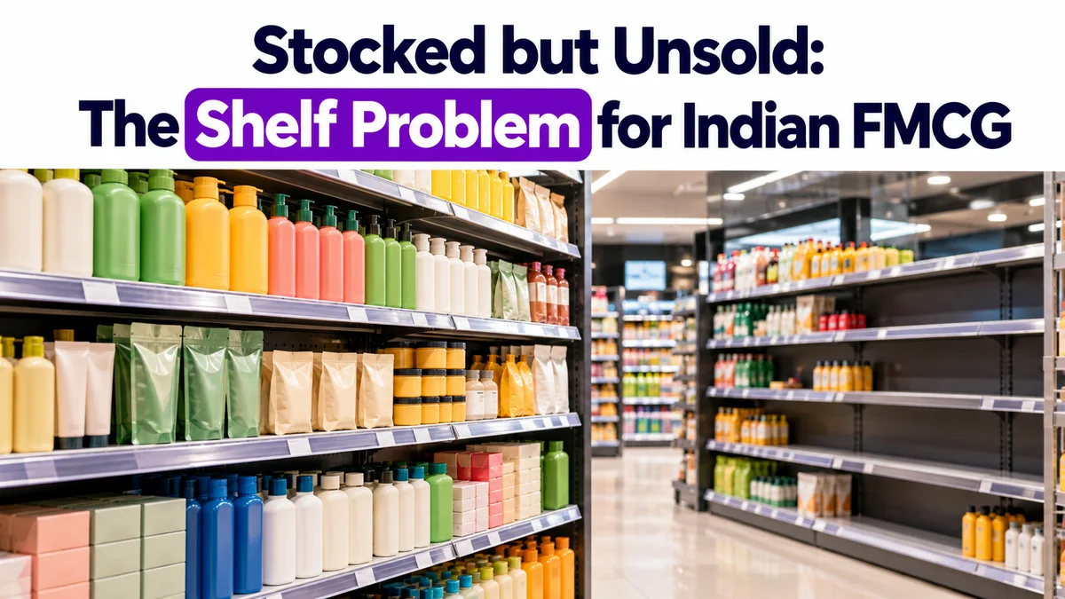 Stocked but Unsold: The Shelf Problem for Indian FMCG, packed shelves next to a warning icon beside a stock chart