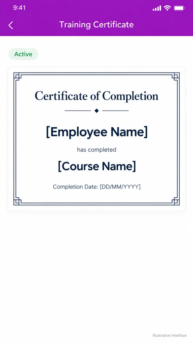 Illustrative Interface of a 1Channel LMS branded training certificate screen showing completion details and an Active status