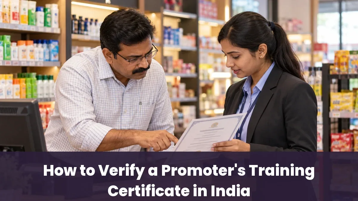 How to Verify a Promoter's Training Certificate in India, a store manager reviewing a promoter's training certificate at a retail counter