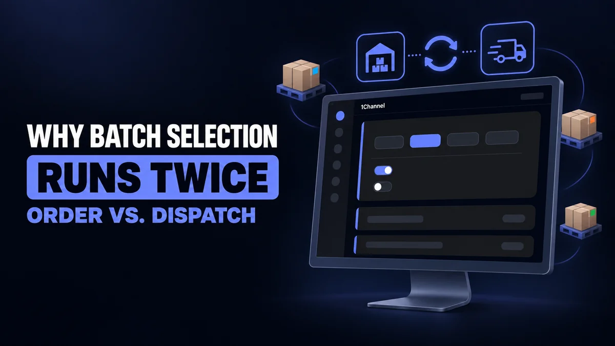 Why Batch Selection Runs Twice: Order vs. Dispatch, a dark-mode DMS settings screen beside a warehouse-to-dispatch icon loop