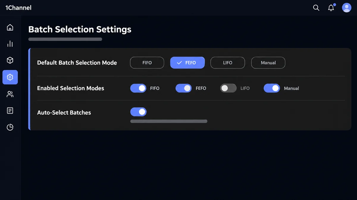 DMS Batch Selection Settings screen showing Default Batch Selection Mode, Enabled Selection Modes and Auto-Select Batches