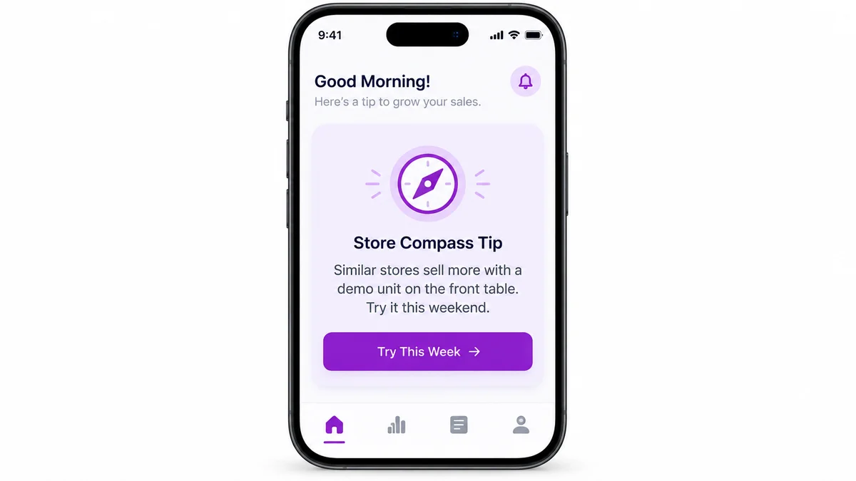 A mobile phone showing a Store Compass AI tip inside the 1View app, suggesting a demo unit placement based on similar stores