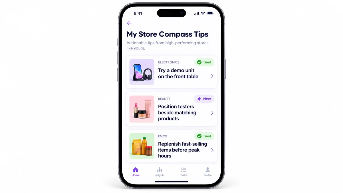A mobile phone showing a My Store Compass Tips screen in 1View with multiple tips and their tried or new status