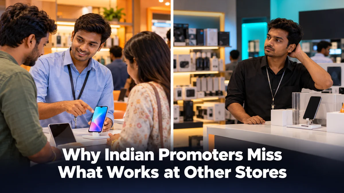 Why Indian Promoters Miss What Works at Other Stores, two Indian retail promoters in different electronics stores, one with a visible demo unit and one without