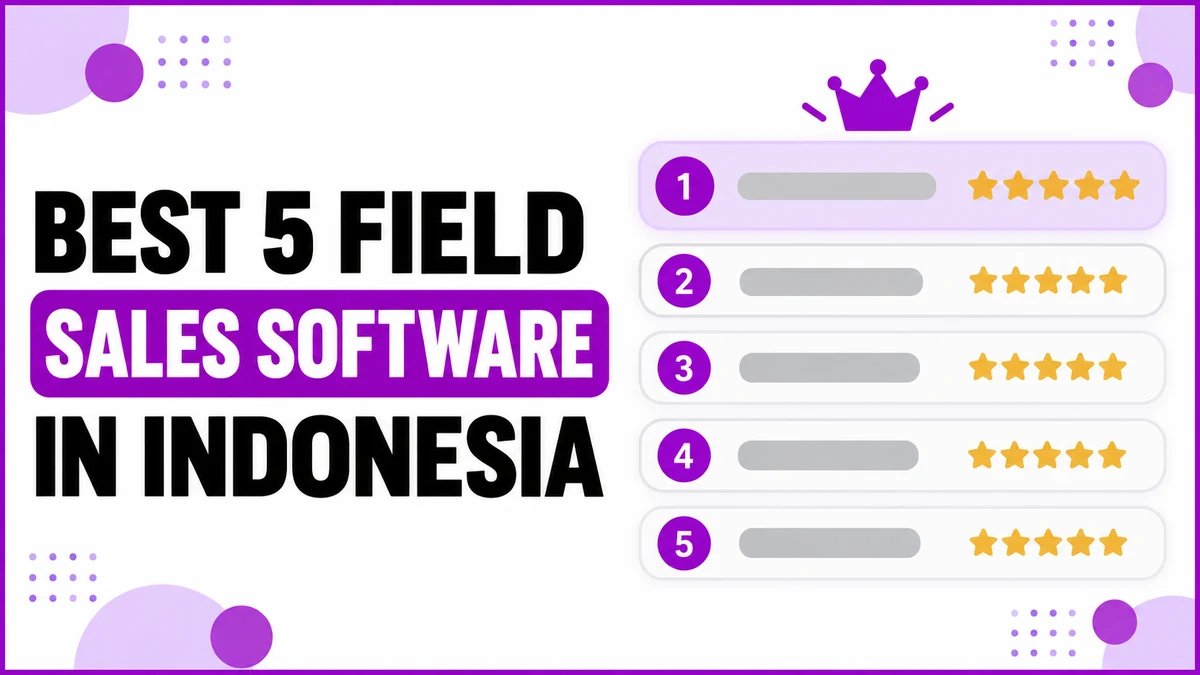 A flat vector illustration with a BEST 5 FIELD SALES SOFTWARE IN INDONESIA headline beside a ranked leaderboard of five rows with number badges and star ratings