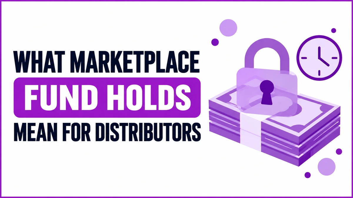 Illustration of withheld banknotes under a padlock icon beside the headline What Marketplace Fund Holds Mean for Distributors