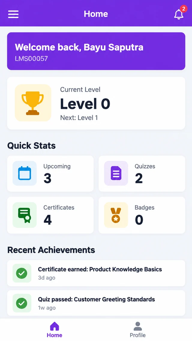 Mobile learning app home screen showing a promoter's current level card with quick stats for upcoming trainings, quizzes, certificates and badges