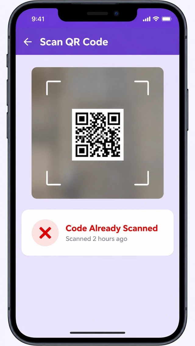 Mobile app QR scan screen showing a rejected duplicate-code result with the original scan timestamp