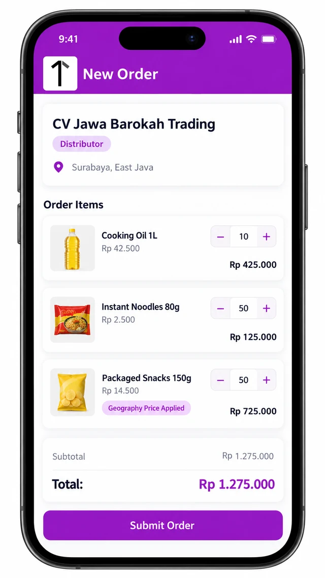 Mobile field app order screen showing a Distributor account with a Geography Price Applied badge and a Rupiah order total
