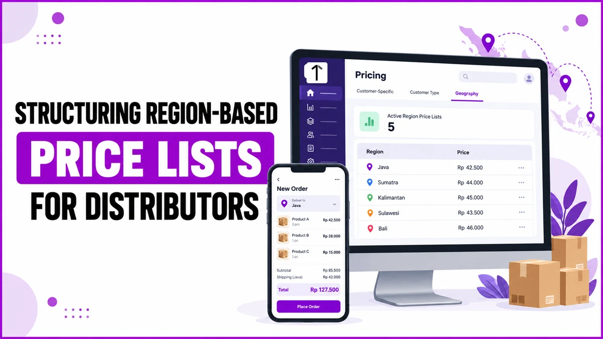 Illustration of a desktop Pricing dashboard and a mobile order screen beside the headline Structuring Region-Based Price Lists for Distributors