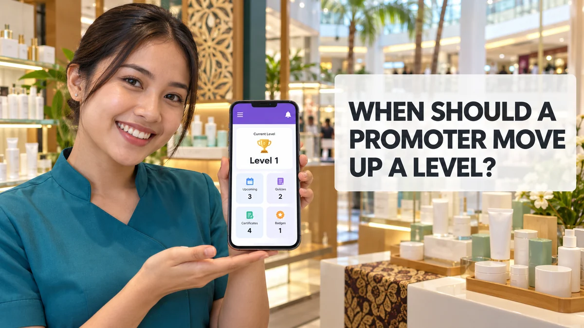 Indonesian promoter at a Bandung mall beauty counter holding a phone that shows her current training level, beside the headline When Should a Promoter Move Up a Level