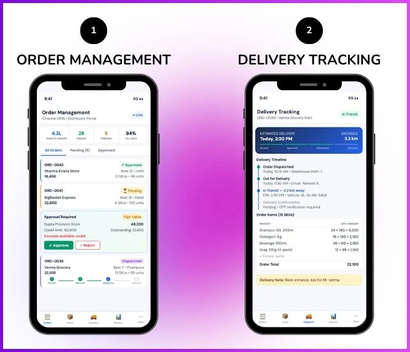 Distributor order management mobile app showing order booking, approval status, and delivery tracking