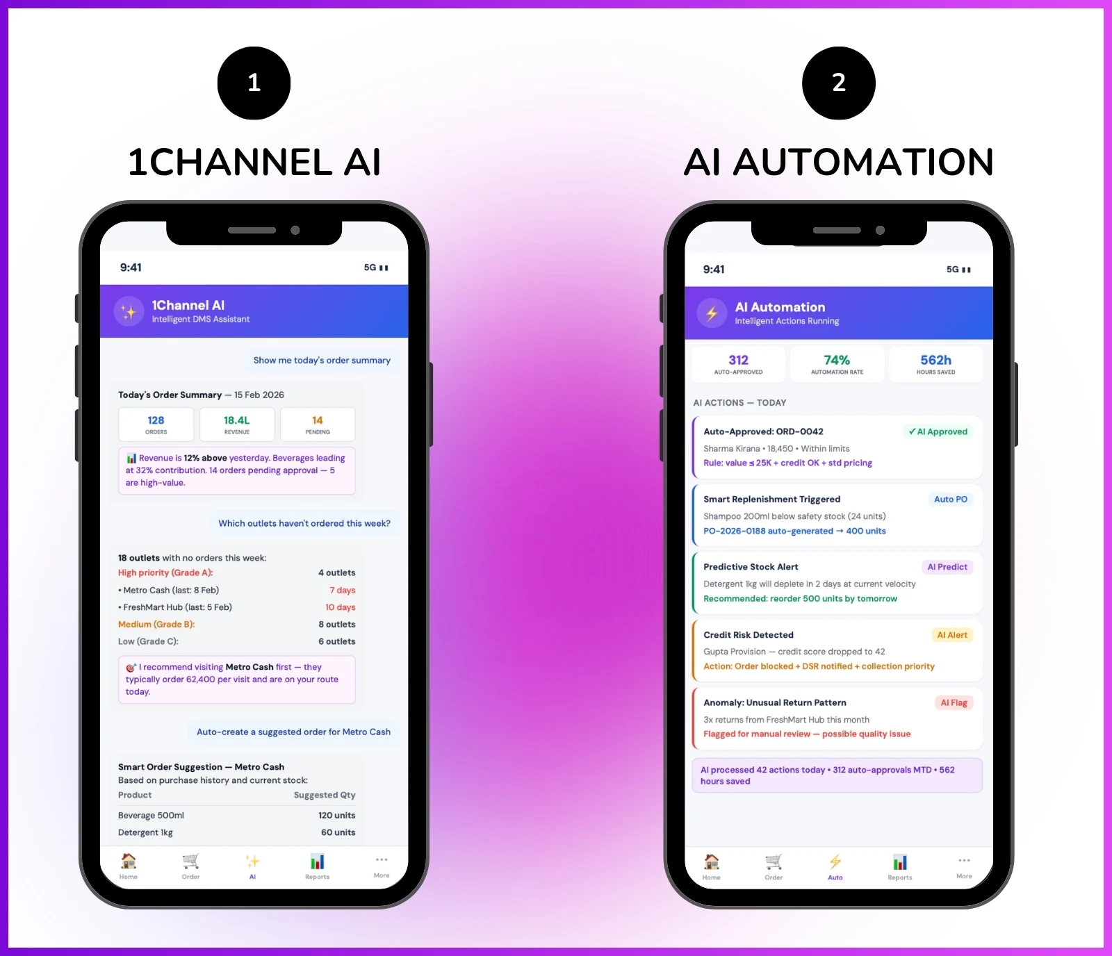 AI assistant mobile interface showing conversational queries, sales data responses, and natural language interaction