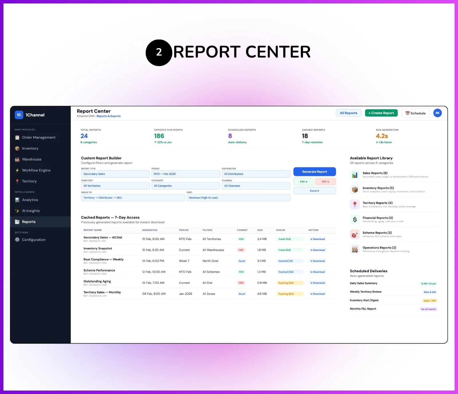 Reporting software showing CSV export, custom filters, and 7-day cached report access