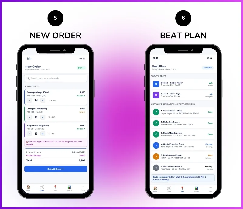 Mobile ordering screen showing product catalog, stock availability, and order submission