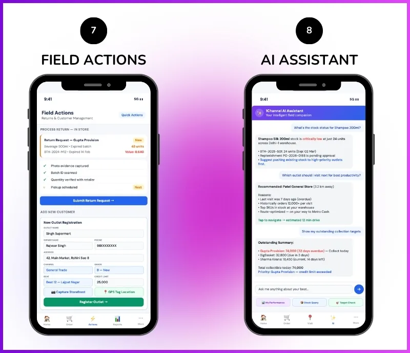Mobile app showing return processing, payment collection, and AI assistant interface