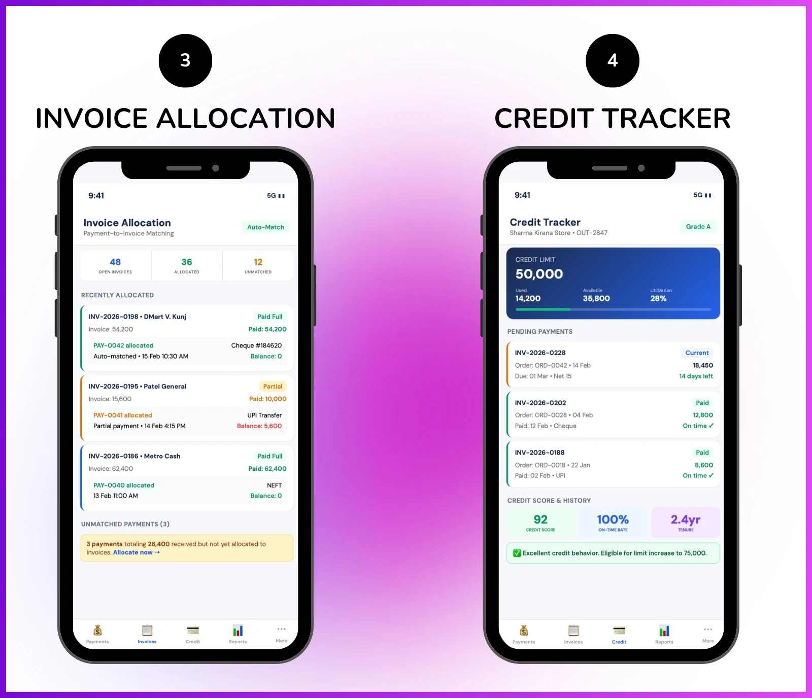 Credit management dashboard showing invoice allocation, pending payments, and credit limit tracking