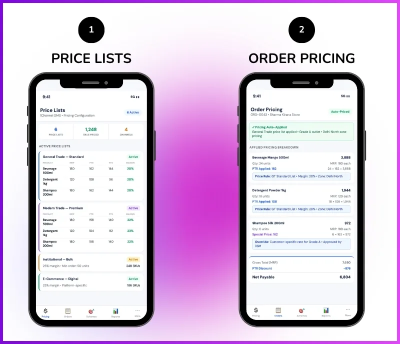 Pricing management software mobile app showing price list configuration and order pricing application