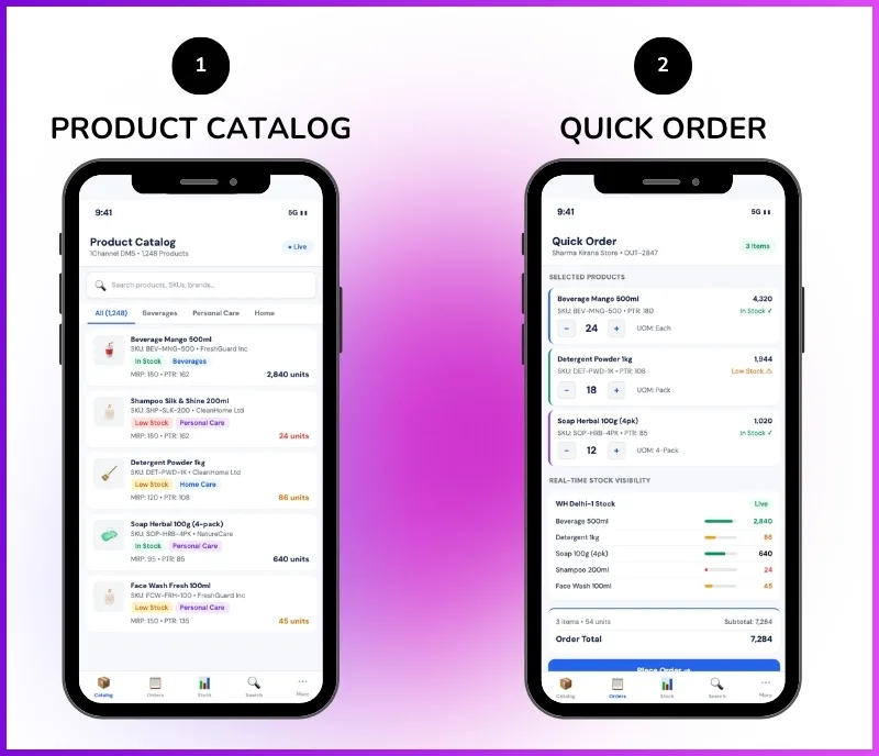 SKU management software mobile app showing product catalog, order placement, and stock visibility