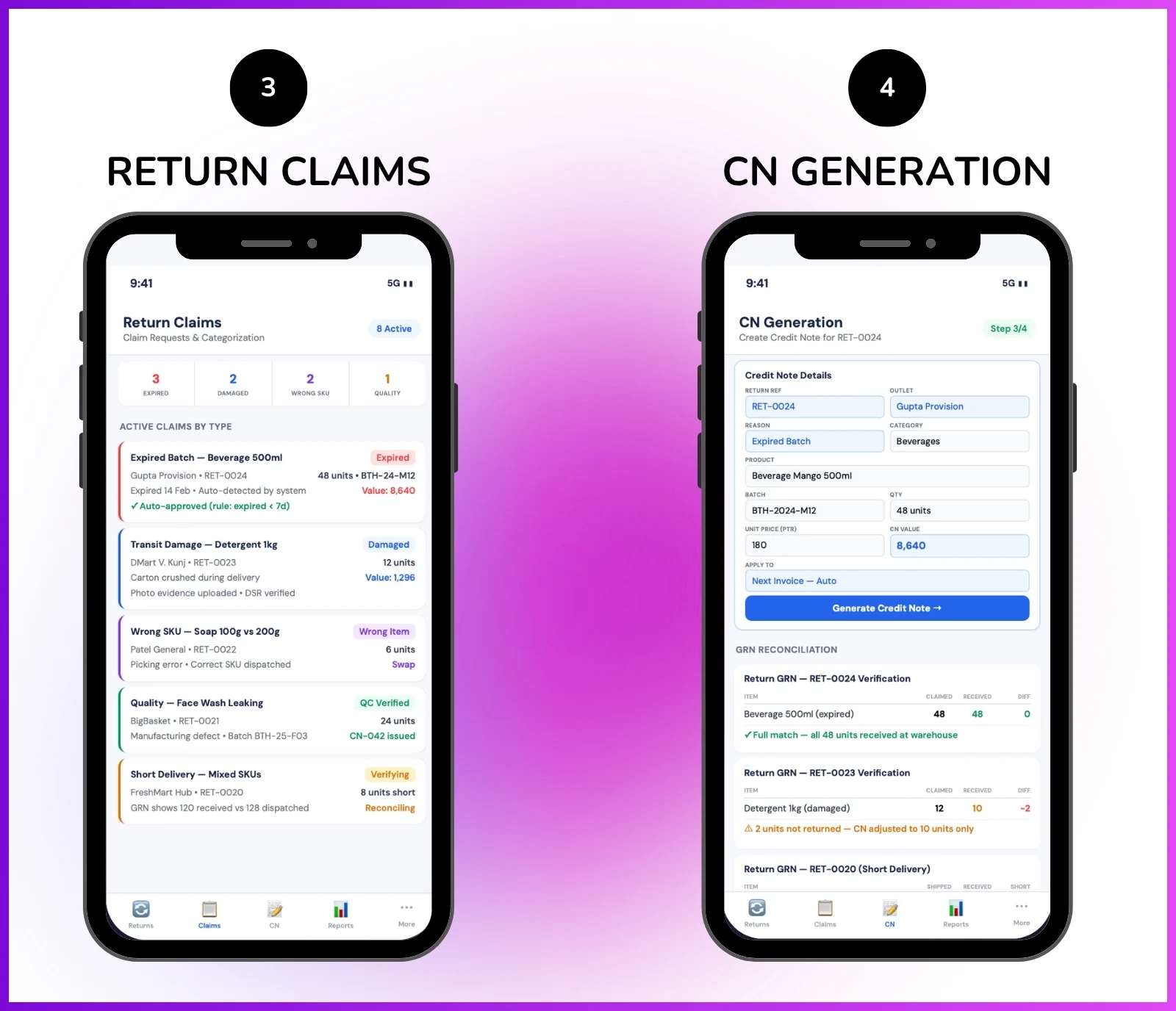 Claims management dashboard showing damage claims, return reasons, and approval status tracking