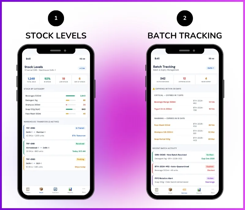 Inventory management mobile app showing stock levels, warehouse transfers, and batch tracking