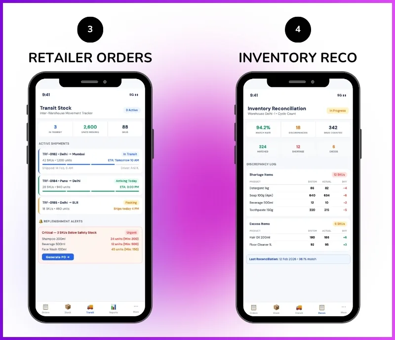 Stock management mobile app showing transit stock, replenishment alerts, and inventory reconciliation