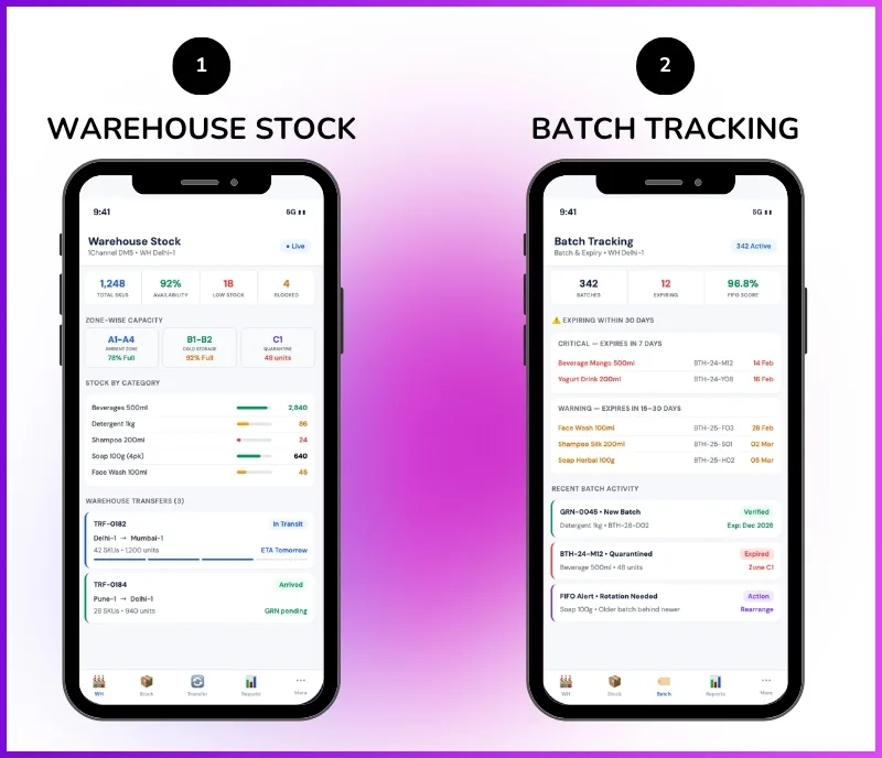 Warehouse management mobile app showing stock levels, warehouse transfers, and batch tracking