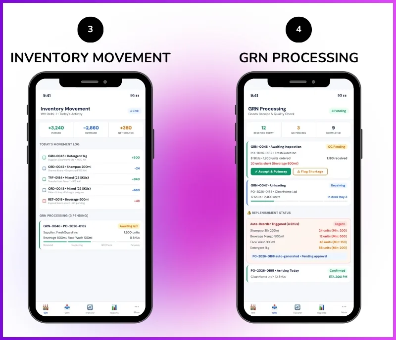 Warehouse management mobile app showing inventory movement, GRN processing, and replenishment status