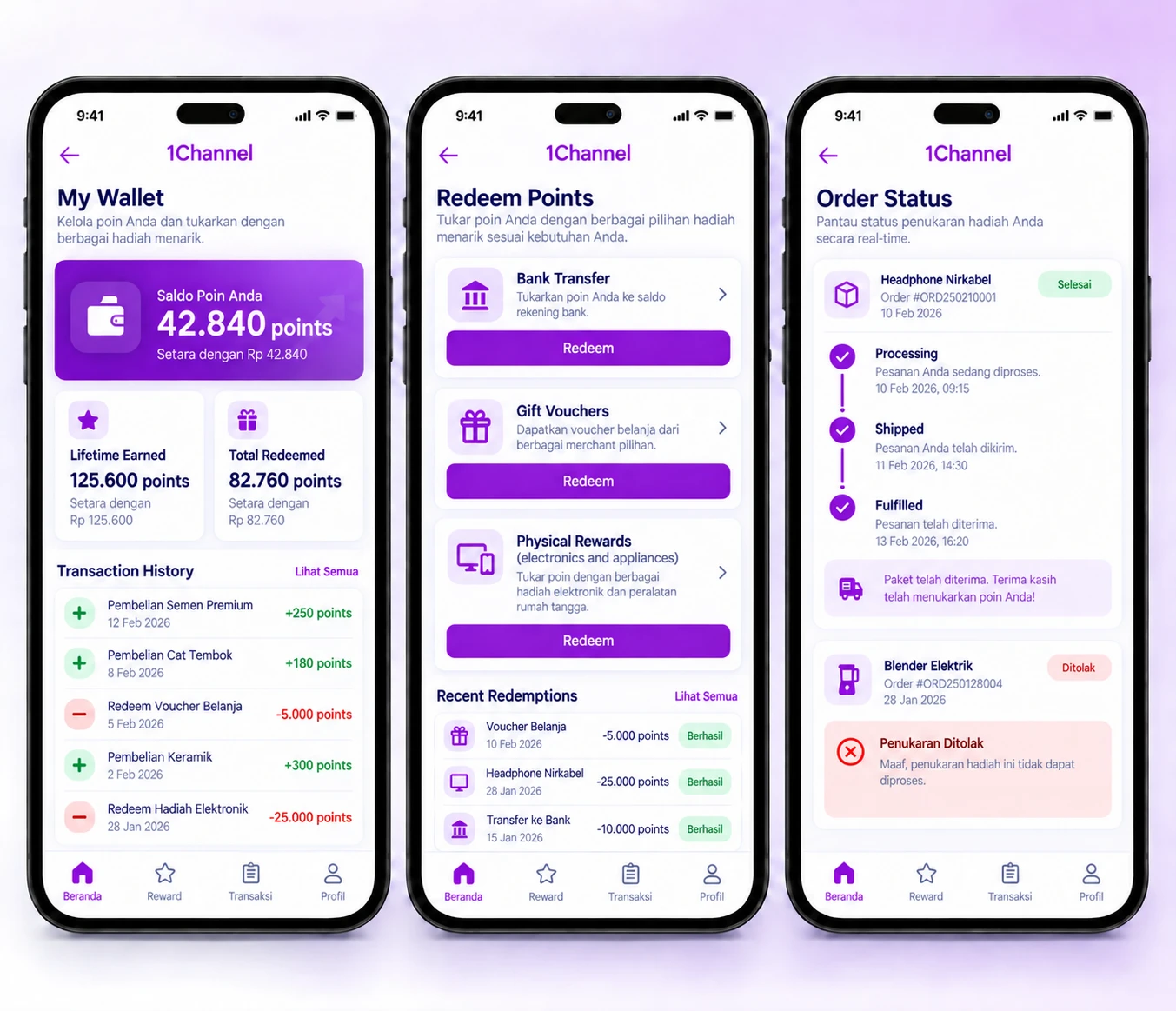 Three 1Channel Rewards Program app screens: a points wallet with transaction history, redemption choices for bank transfer, gift vouchers and physical rewards, and an order status timeline