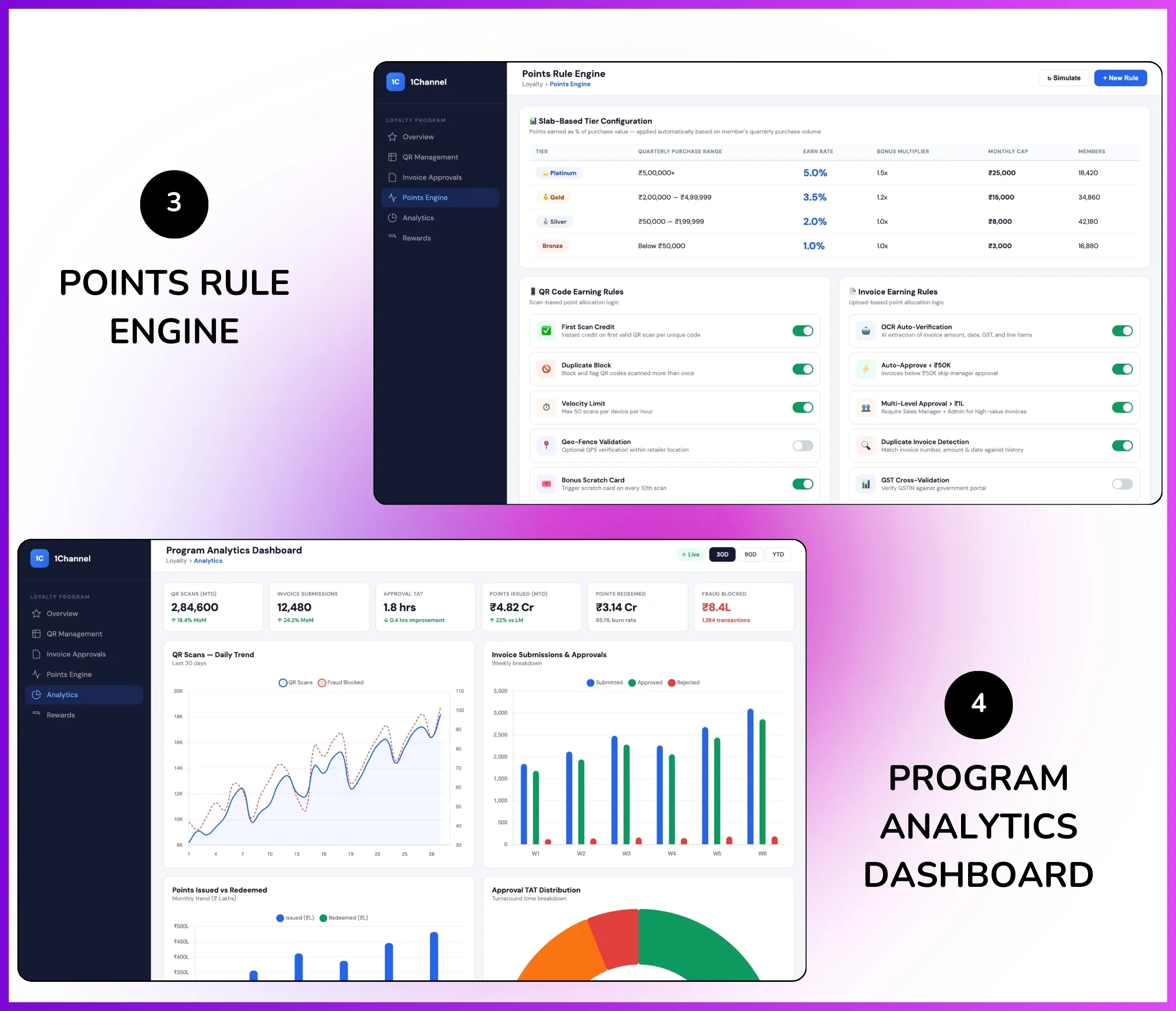 Web portal points rule engine and program analytics dashboard