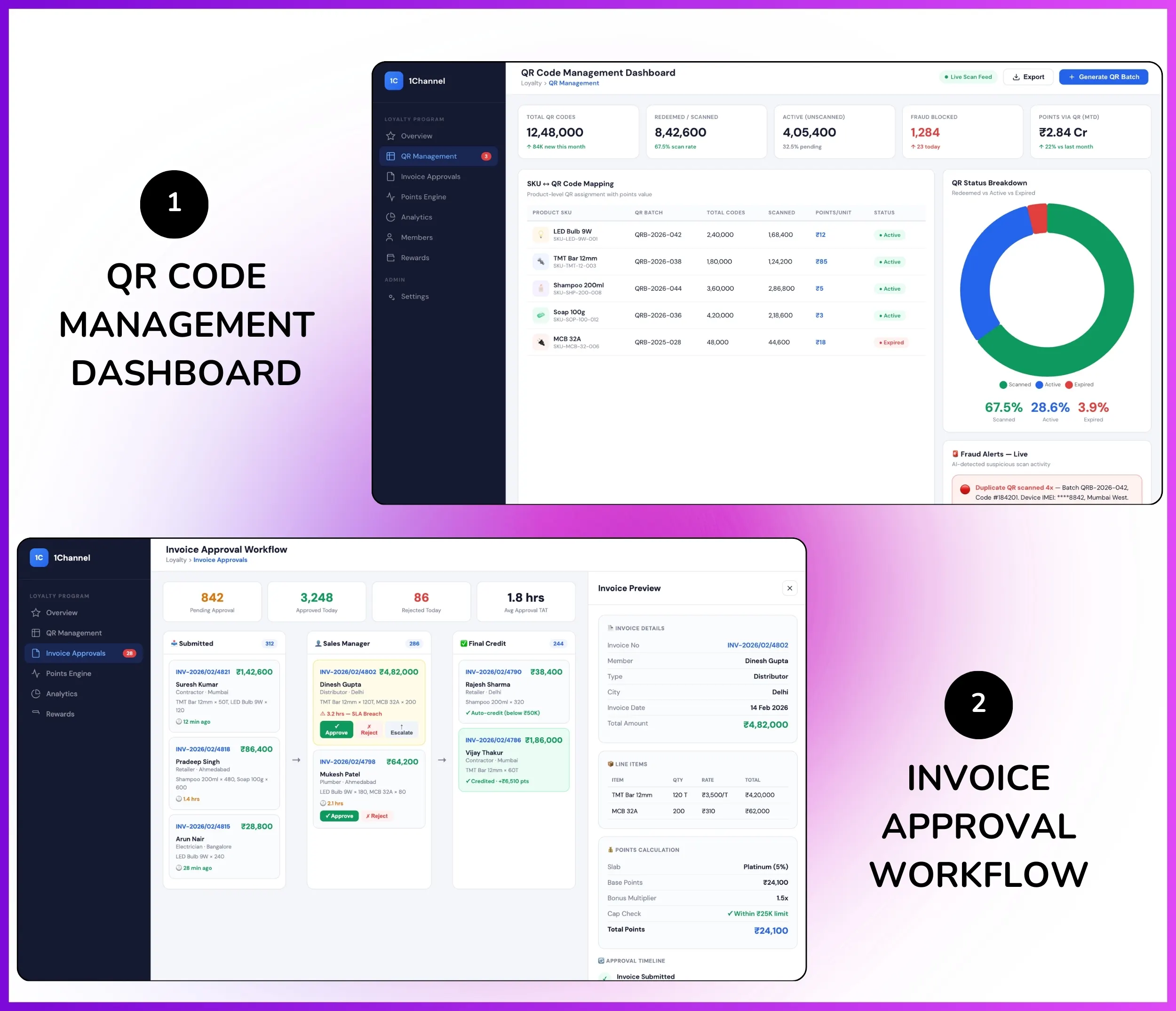 Web portal QR code management and invoice approval workflow