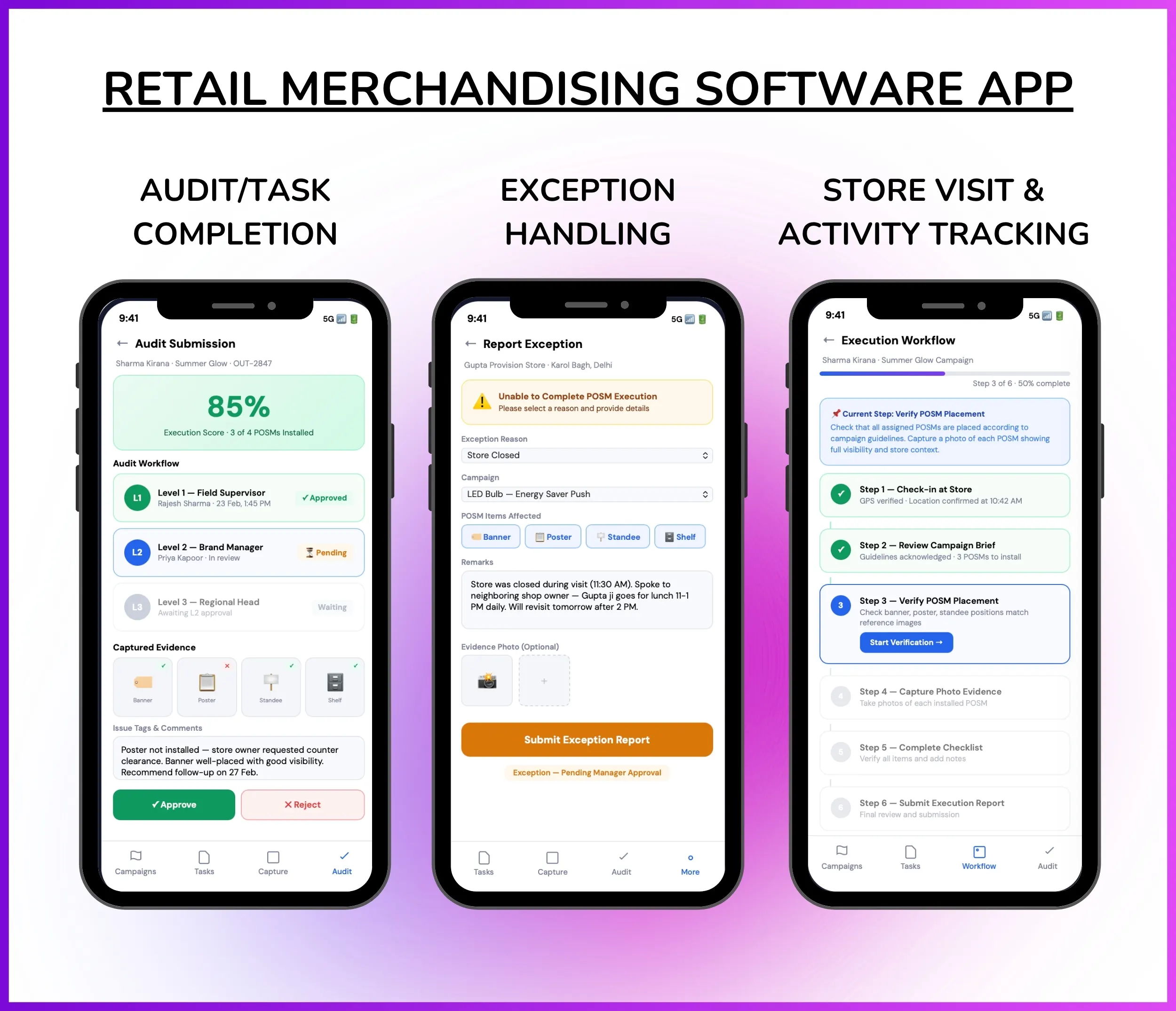 Audit task completion and store visit tracking mobile app