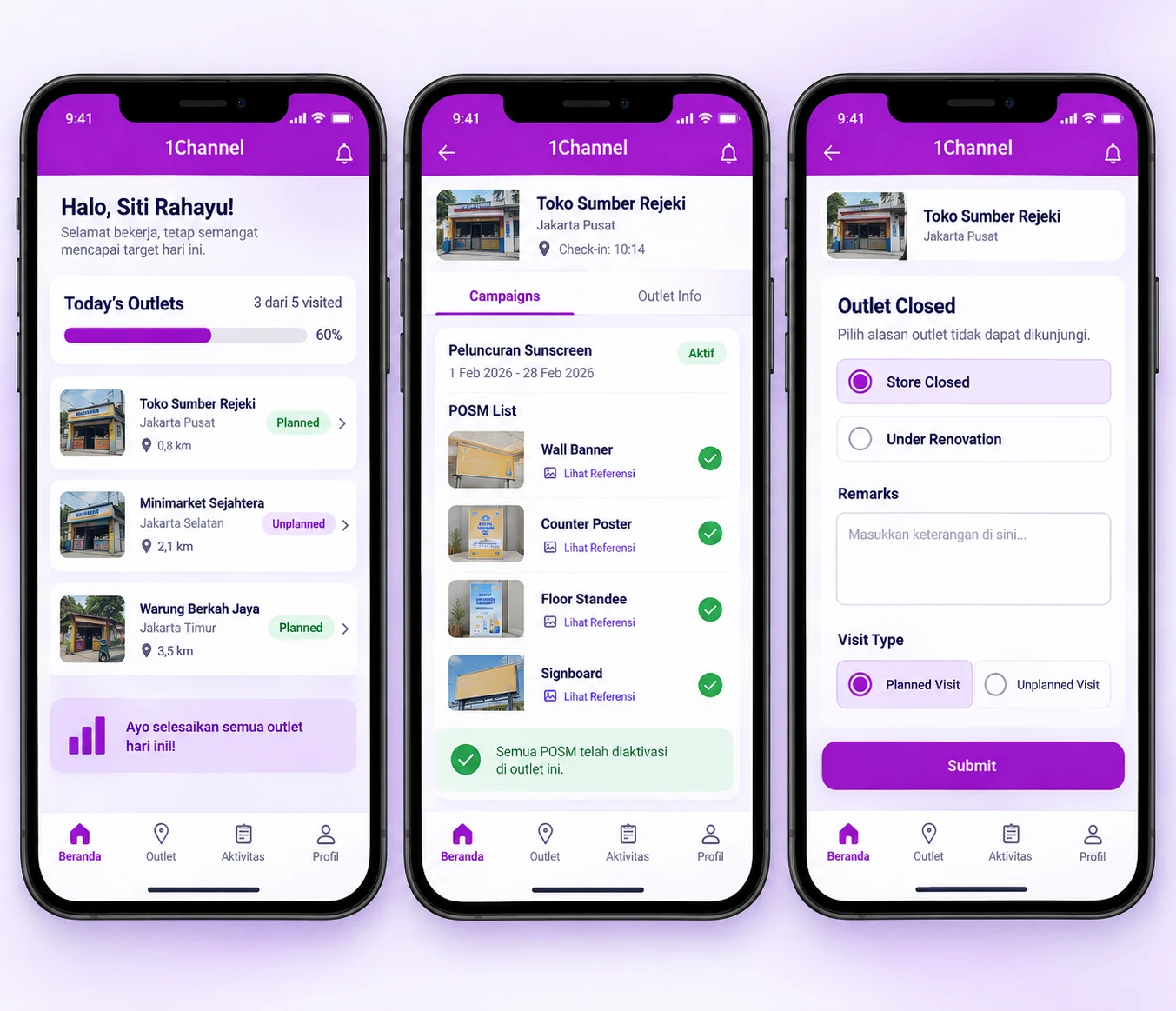 1Channel merchandising app on three phones showing an outlet list, a campaign with its POSM items, and an outlet-closed reason screen