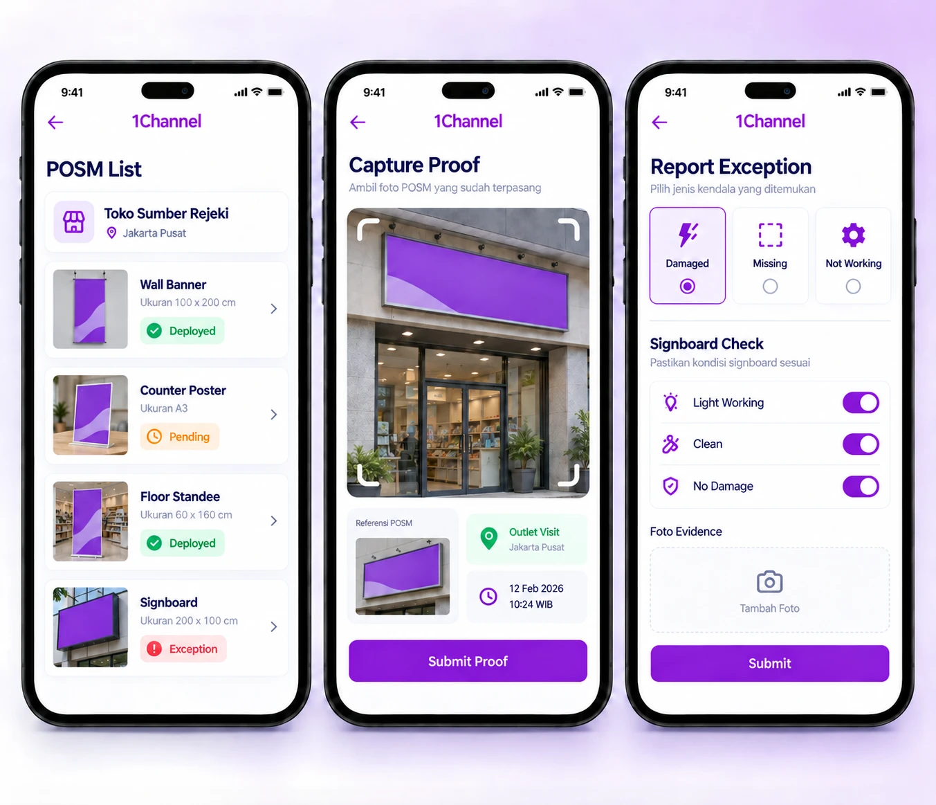 Three 1Channel mobile app screens: a POSM list with a status label on each item, a Capture Proof screen with a reference image thumbnail, and a Report Exception screen