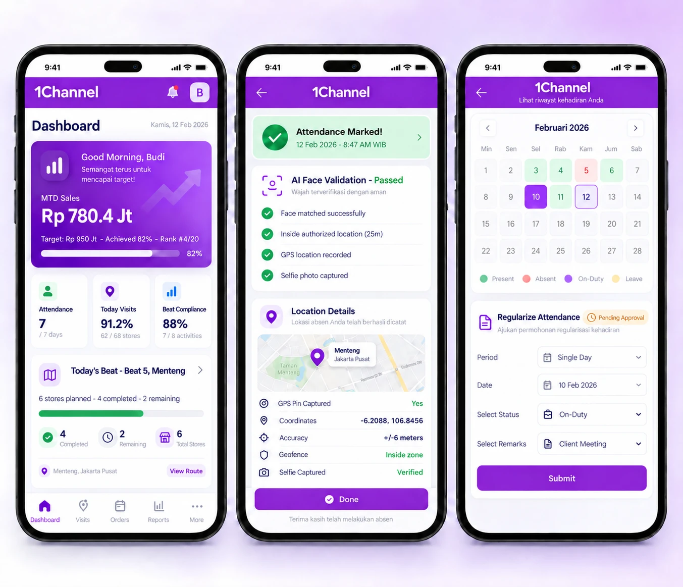 1Channel mobile app screens: home dashboard, attendance marked with AI face validation and GPS location, and a calendar with a regularisation form