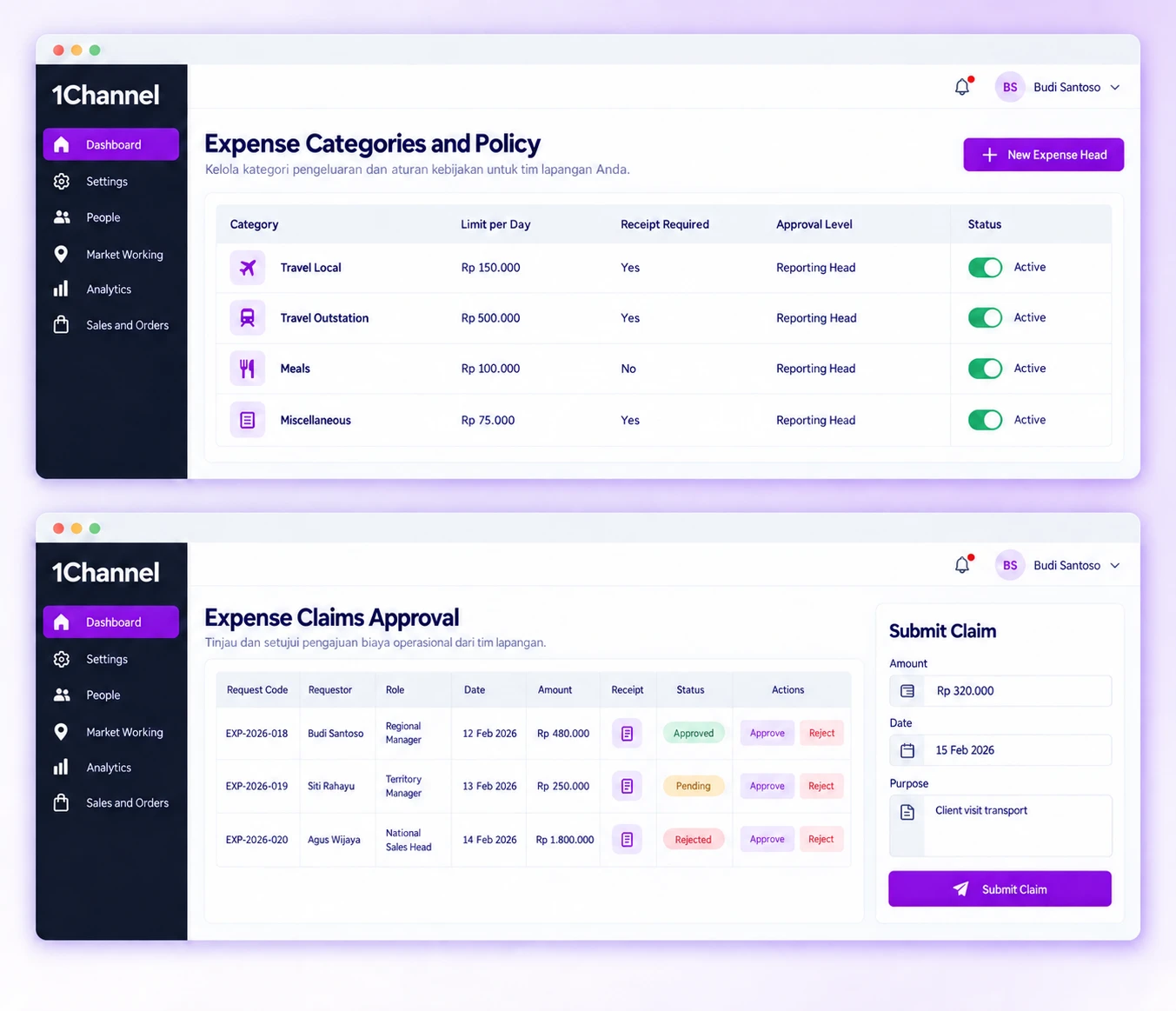 1Channel admin portal screens showing an Expense Categories and Policy list with a New Expense Head button, an Expense Claims Approval table and a Submit Claim form