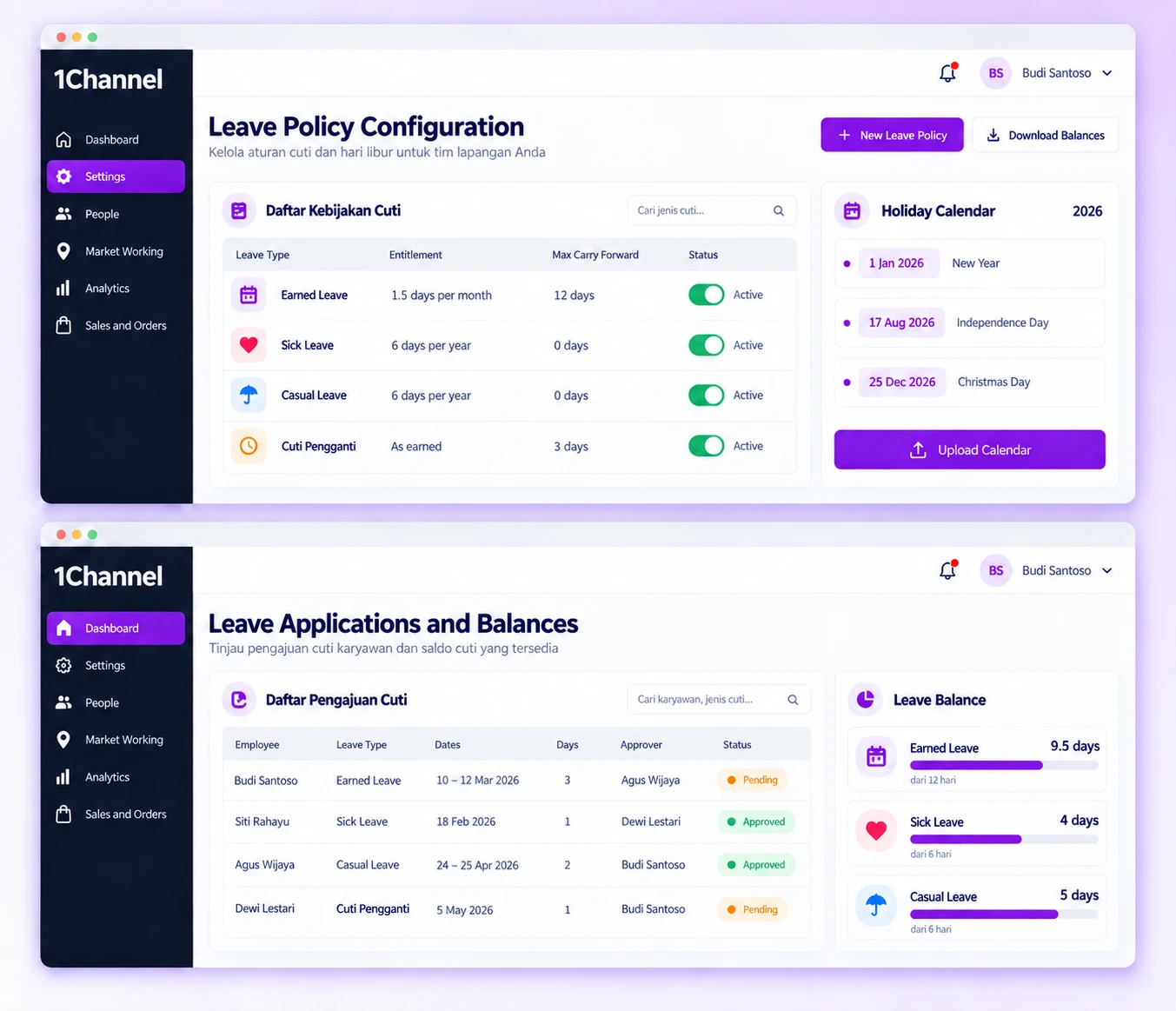 Two 1Channel portal screens: a leave policy configuration table with entitlement and carry-forward columns beside a 2026 holiday calendar, and a list of leave applications with approver and status beside leave balances