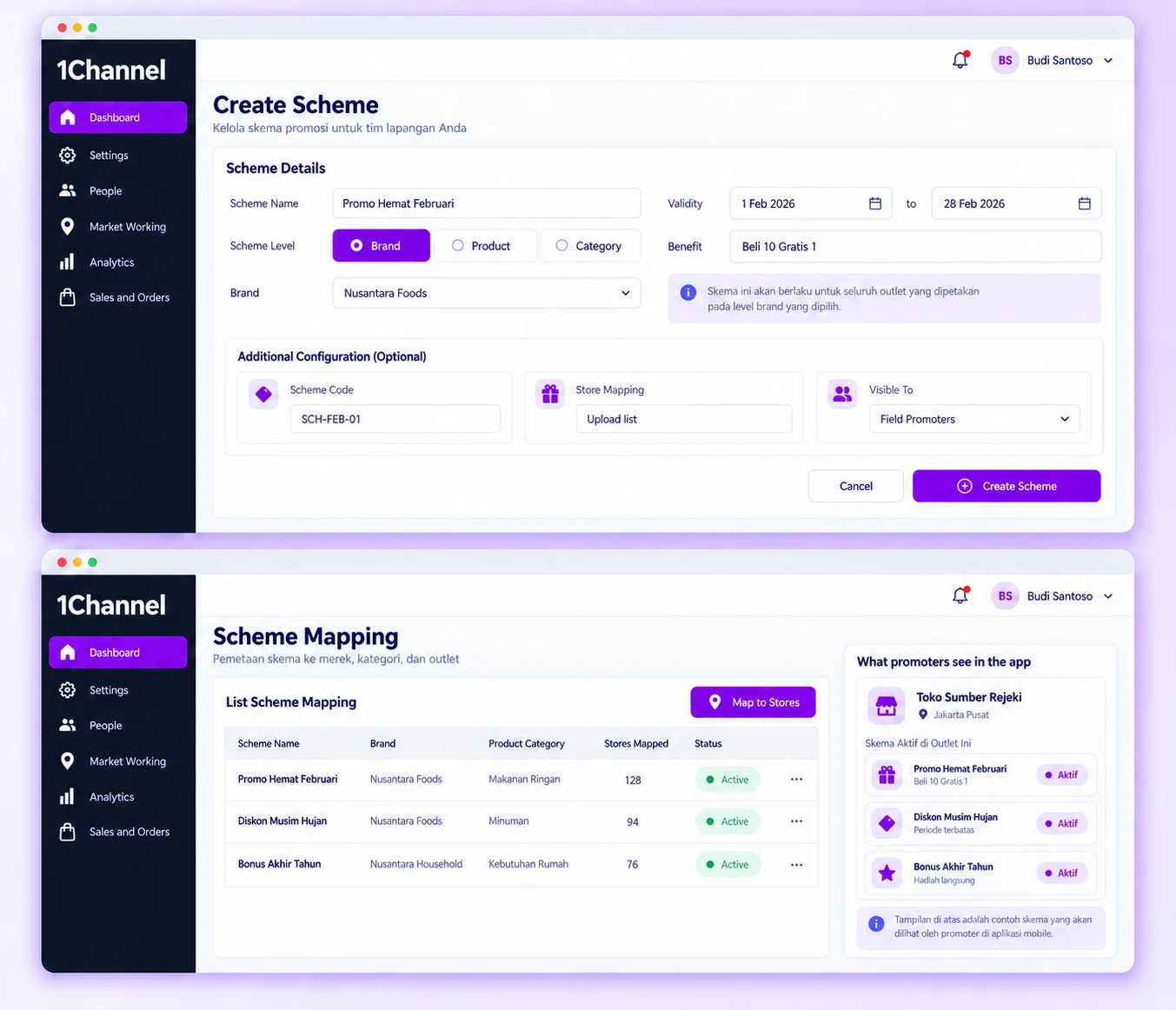 1Channel Create Scheme screen with scheme name, validity dates and brand, product or category level, above the Scheme Mapping screen for assigning schemes to stores