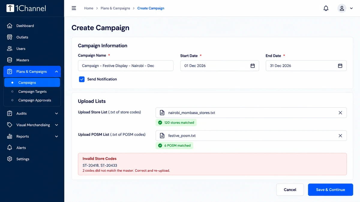 Portal Create Campaign screen with campaign name and dates filled in, a store list and POSM list uploaded with matched counts, and a red Invalid Store Codes box listing two unmatched codes.
